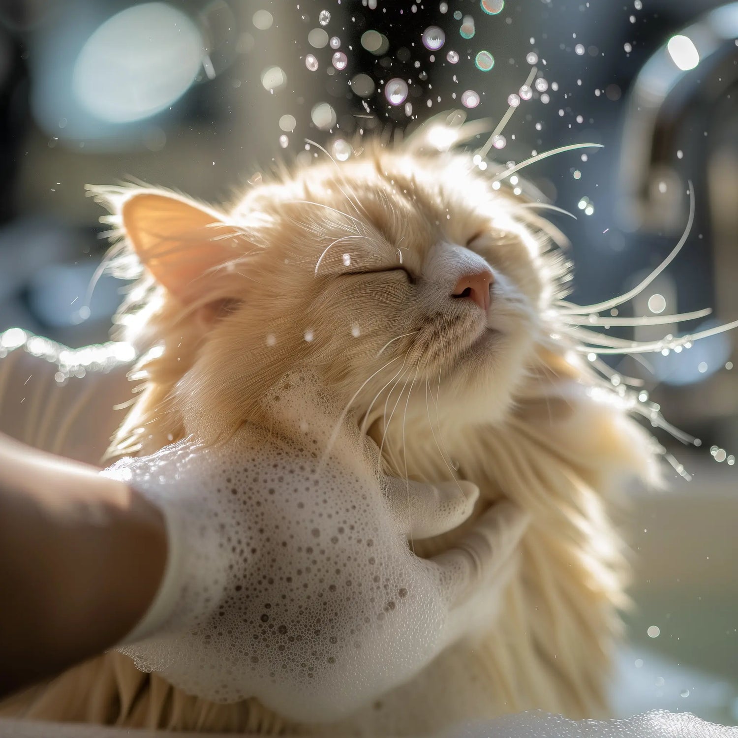 A cat being washed and groomed